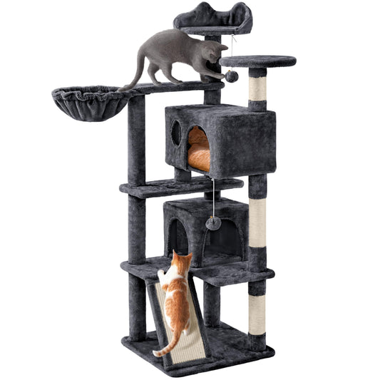 Yaheetech 57 inches Cat Tree for Indoor Cats, Multi-Level Cat Tower w/ 3 Perches, 2 Cat Condos, 2 Hanging Balls and Scratching Posts, Dark Gray