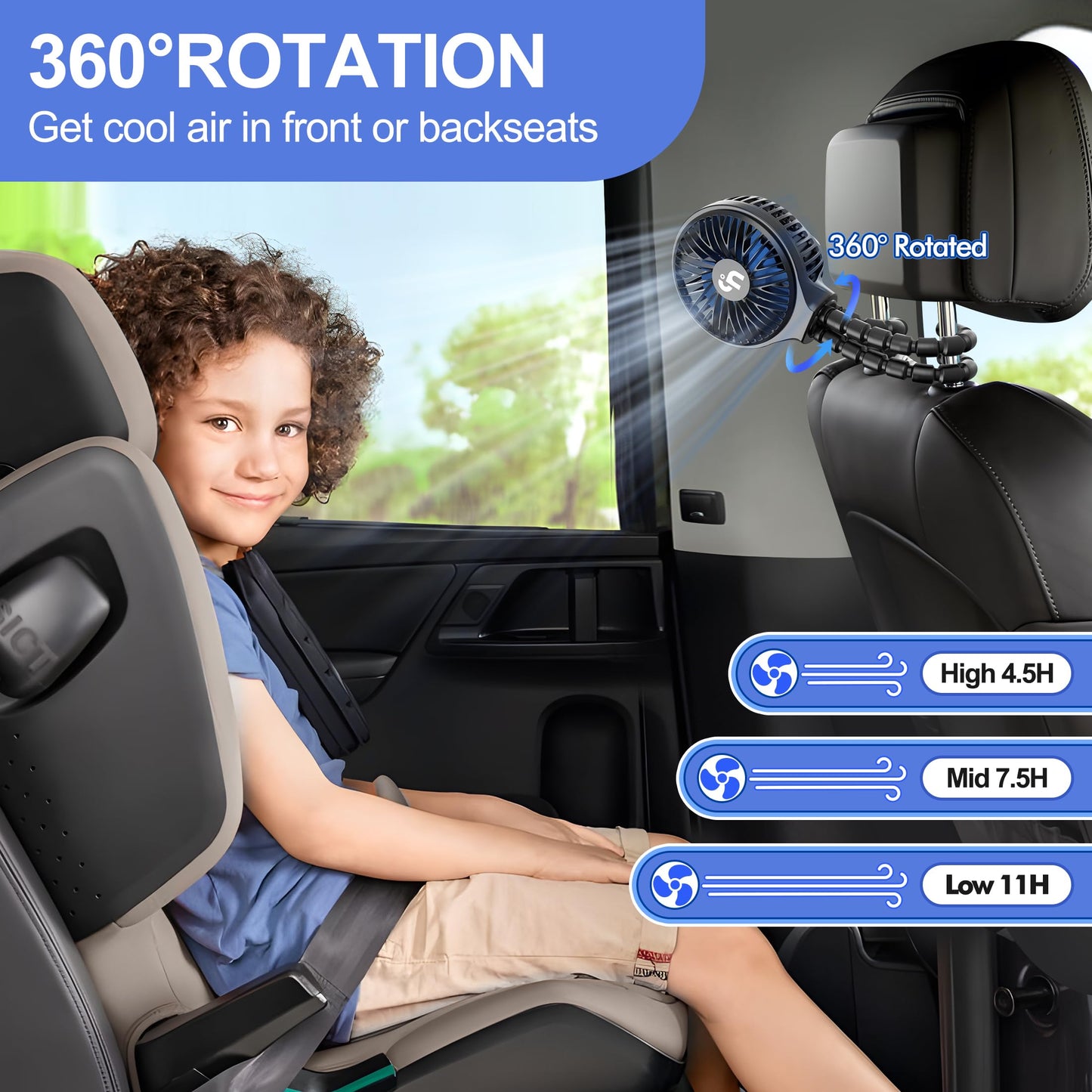 WiHoo Portable Stroller Fan, 11H Ultra-long Battery Life 3 Speed 360°Rotate, USB Rechargeable or Battery Operated Cooling Clip On for Baby Crib Travel Car Seat Black