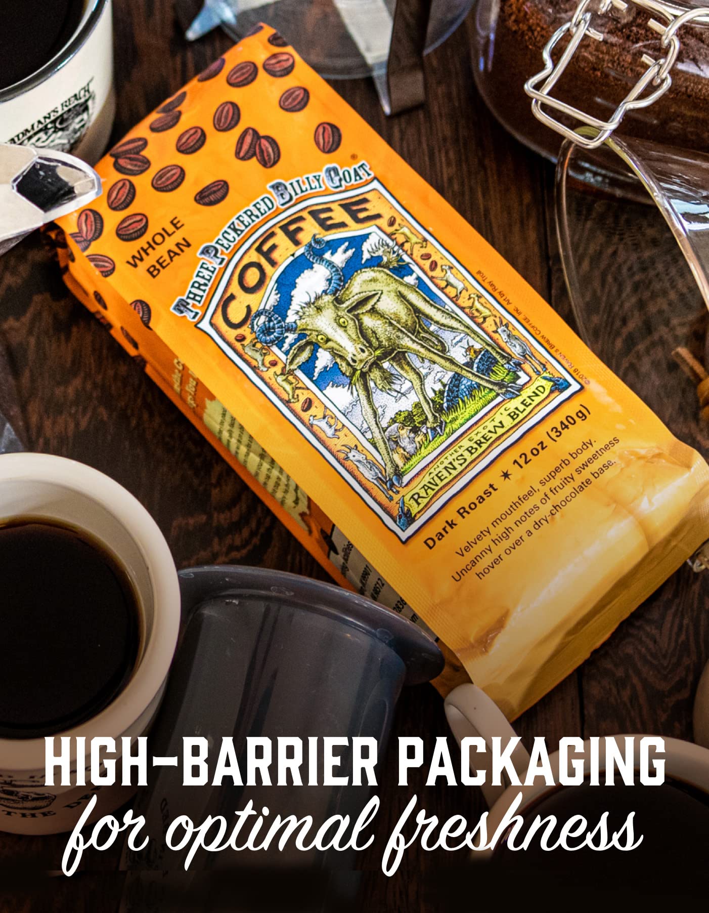 Raven's Brew Coffee Three Peckered Billy Goat, 12 Ounce - Dark Roast - Full Body with a Long Sweet Finish (Whole Bean, 12 oz)