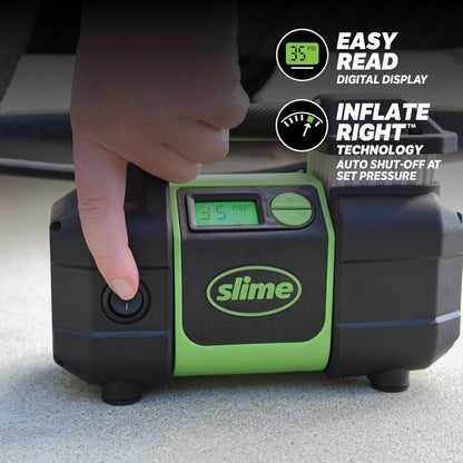 Slime 40063 Tire Inflator, Portable Car, SUV, 4x4 Air Compressor, Elite Heavy Duty, Inflate Right Automatic Shut Off, with Digital 99 psi Display, Long Hose and LED Light, 12V, 3 min Inflation