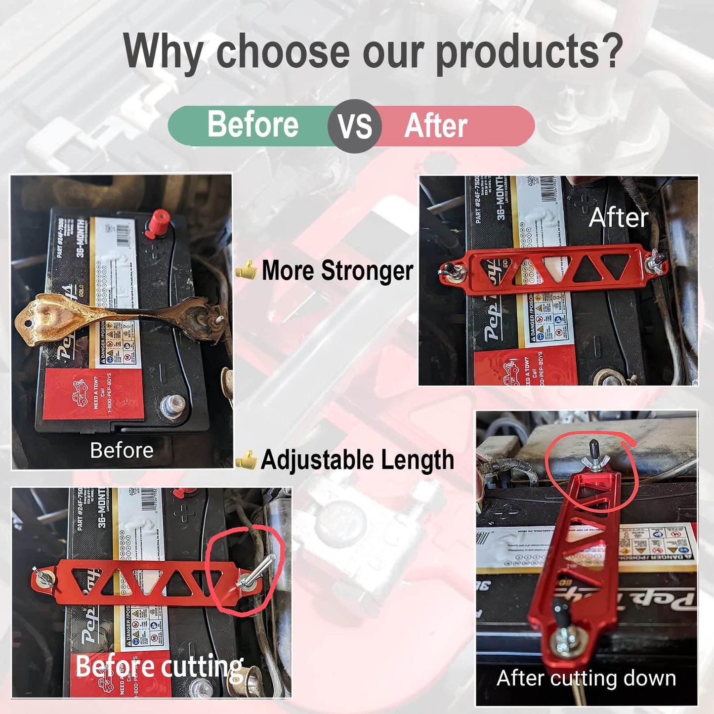 Battery Hold Down Bracket, Aluminum Alloy Battery Tie Down Bracket, Battery Tray for Car Battery Mount Bracket Hold Lock Accessories, Car Battery Lock Down- with 10inches J Bolts (Black)