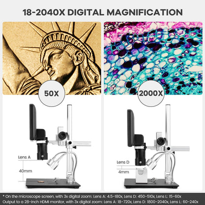 Andonstar AD246S-M HDMI Digital Microscope 2000x for Adults, 3 Lens 2160P UHD Video Record, 7 Inch LCD Soldering Microscope for Electronics Repair, Error Coins, Pro Boom Arm Stand, Windows Compatible
