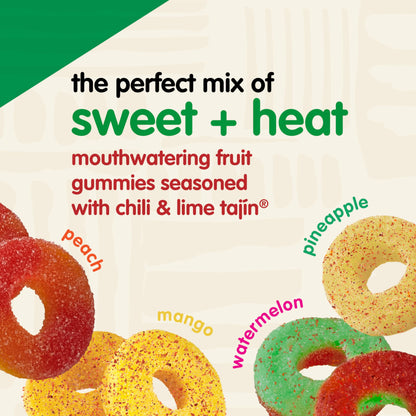 Snak Club Tajin Gummy Candy Fruit Rings, Gummies with Chili and Lime Seasoning, Mild Spice, Gluten-Free and Vegan Snacks, Assorted Variety, Mango, Pineapple, Peach, Watermelon, Snack Size 12 Pack