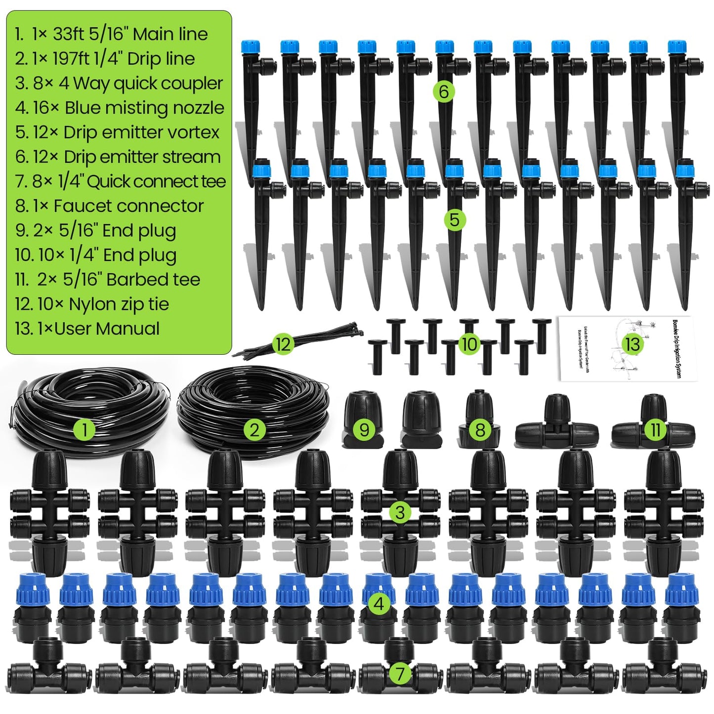 Bonviee Drip Irrigation System, 230FT Garden Watering System with Quick-to-Connect Fittings, Adjustable Drip Emitters, 1/4” & 5/16” Tubing, Drip Irrigation Kit for Raised Garden Beds, Greenhouse, Lawn