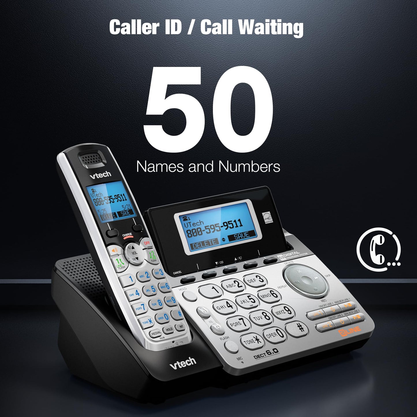 VTech DS6151-2 2 Handset 2-Line Cordless Phone System for Home or Small Business with Digital Answering System & Mailbox on Each line, Silver