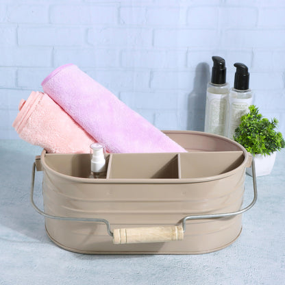 Alpha Living Home Multi-Functional Utensil Caddy – 4-Compartment Organizer for Kitchen, Party & Office – Durable Beige Powder-Coated Iron Alloy with Wooden Handle