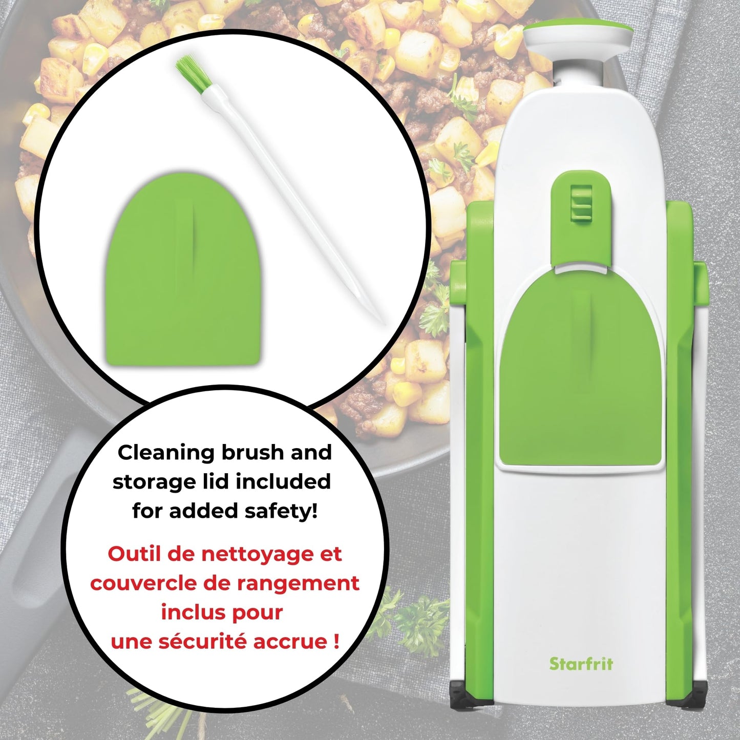 Starfrit Pump'n'Slice - Vertical Mandoline, Food Chopper, Slicer - Precision Adjustable Slicing, Julienne, Dicing - Safe Enclosed Blades, Fold for Storage - High Efficiency Spring Pump - Cleaning Tool