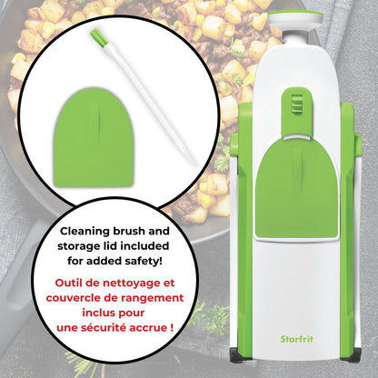 Starfrit Pump'n'Slice - Vertical Mandoline, Food Chopper, Slicer - Precision Adjustable Slicing, Julienne, Dicing - Safe Enclosed Blades, Fold for Storage - High Efficiency Spring Pump - Cleaning Tool