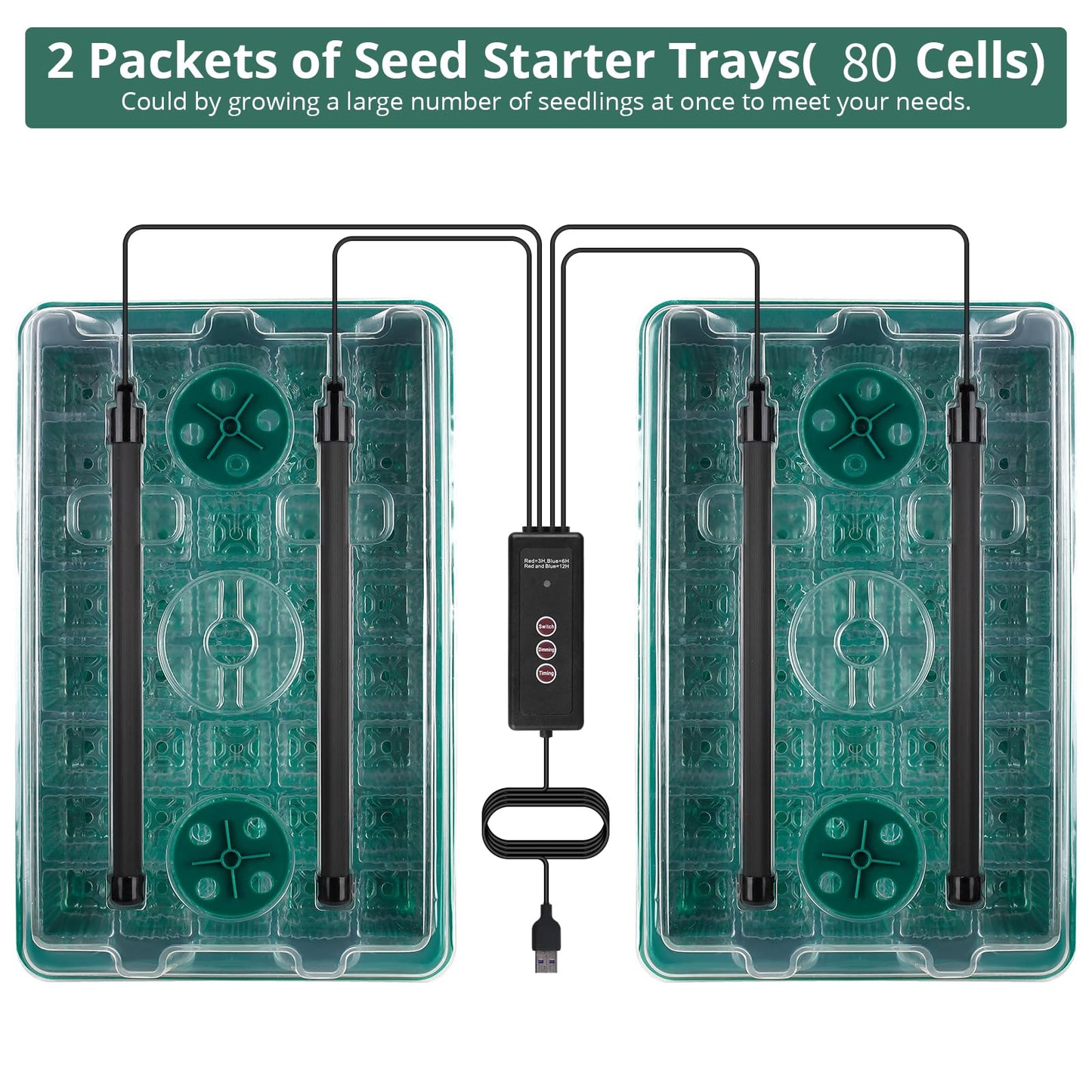 Sondiko Seed Starter Tray with Grow Light, 80 Cells Seed Starter Kit with Humidity Dome, Adjustable Brightness Plant Starter Trays, Indoor Plants Germination Kit(2 Pack)