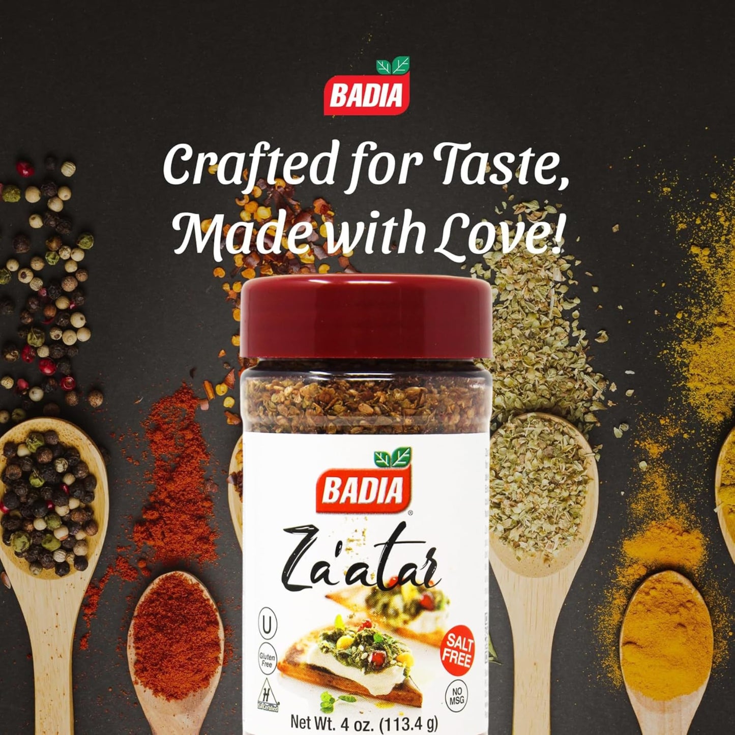 Badia Za'atar Mediterranean Seasoning Blend, 4 oz - Sesame Seeds, Sumac, Spices, Salt Free, Kosher, Halal, No MSG, Gluten Free