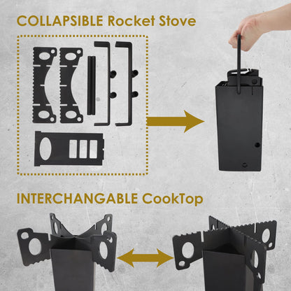 Collapsible Rocket Stove by StarBlue with FREE Carrying Bag - A Portable Wood Burning Camping Stove with Large Fuel Chamber Best for Outdoor Cooking, Camping, Picnic, BBQ, Hunting, Fishing