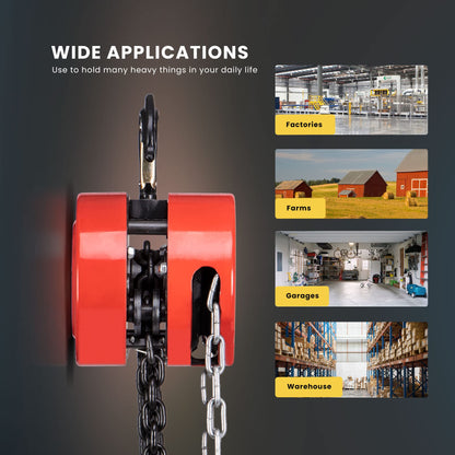 SPECSTAR Hand Chain Hoist 1 Ton 2200 Lbs Capacity 10 Feet with 2 Heavy Duty Hooks, Manual Chain Fall for Warehouse Building Automotive Machinery Red