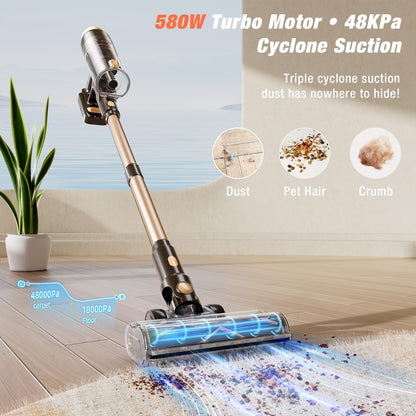 VBUOO Cordless Vacuum Cleaner, 580W 48KPA 70 Mins Vacuum Cleaners for Home, Self-Standing Stick Vacuum with Wall Mount Charge, Touch Screen, Ultra High-Power Brush for Pet Hair/Plush Carpet/All Floor