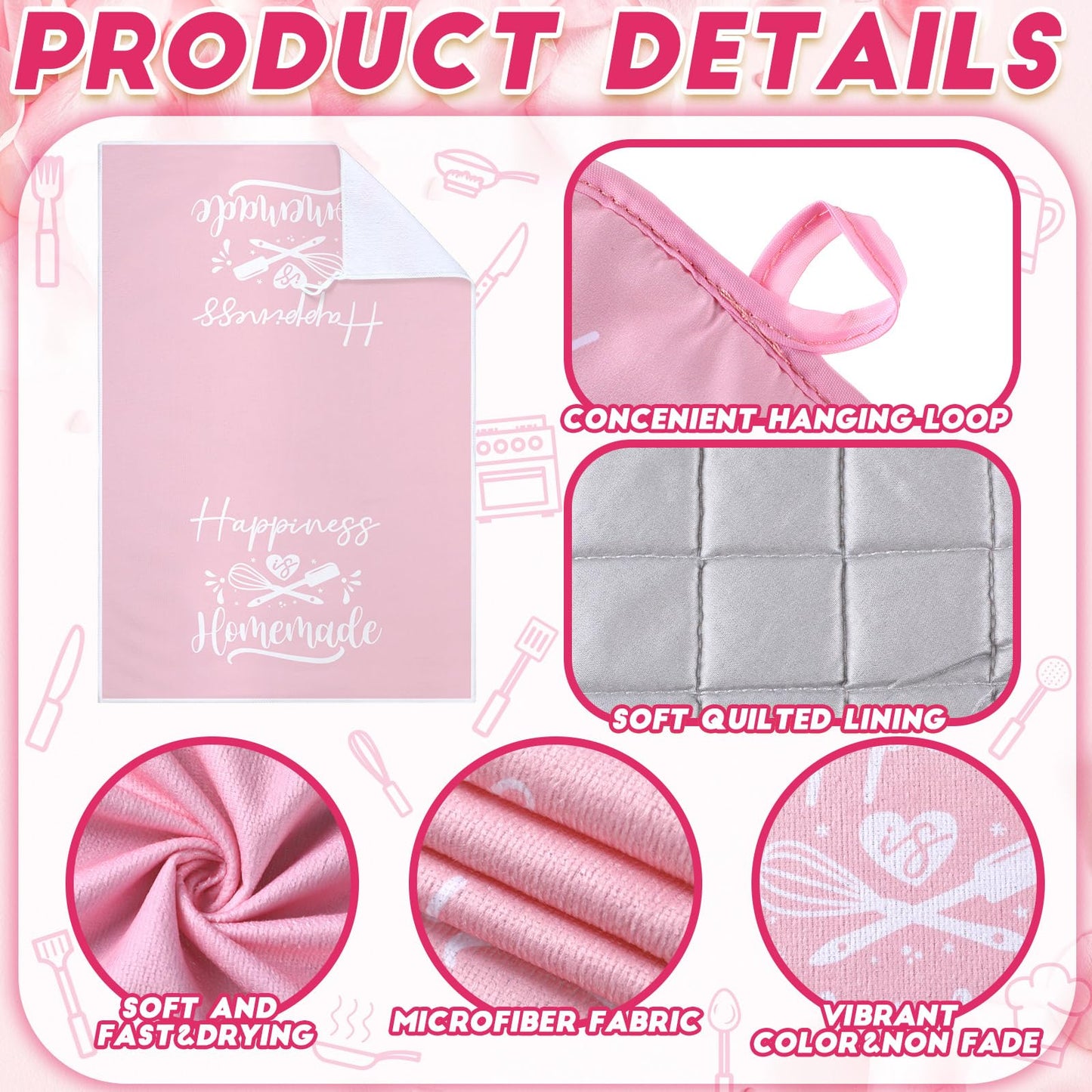 Sratte 6 Pcs Kitchen Decor Accessories Set Farmhouse Towels Pot Holders Oven Mitts Set 2 Dish Towels 2 Potholders 2 Cooking Mittens Oven Glove for Baking Cooking Supply(Pink,Kitchen)