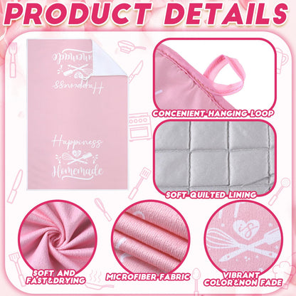 Sratte 6 Pcs Kitchen Decor Accessories Set Farmhouse Towels Pot Holders Oven Mitts Set 2 Dish Towels 2 Potholders 2 Cooking Mittens Oven Glove for Baking Cooking Supply(Pink,Kitchen)