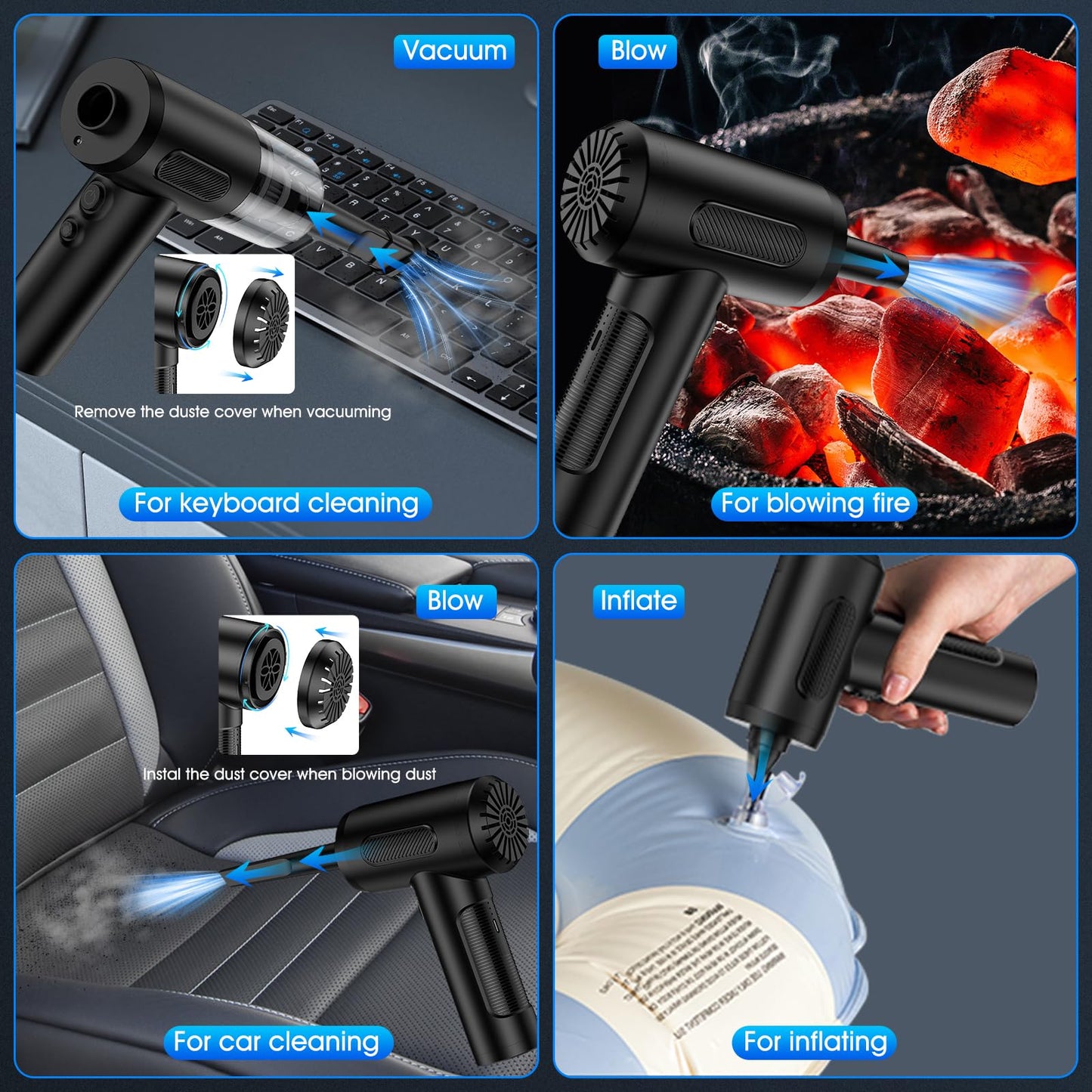 Compressed Air Duster, 100000RPM Handheld Car Vacuum/Air Blower& Pump, 3 Gear Adjustable Electric Air Duster/Car Vacuum Cleaner, Keyboard Duster with LED Light-10 Kits Air Blower for Computer(Black)