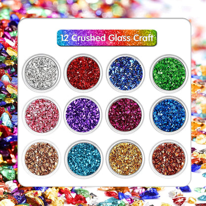 12 Box Crushed Glass Craft Glitter Fine for Resin Art, Small Broken Glass Pieces Irregular Metallic Crystal Chips Chunky Flakes Sequins for Nail Arts DIY Vase Filler Epoxy Jewelry Making Decoration
