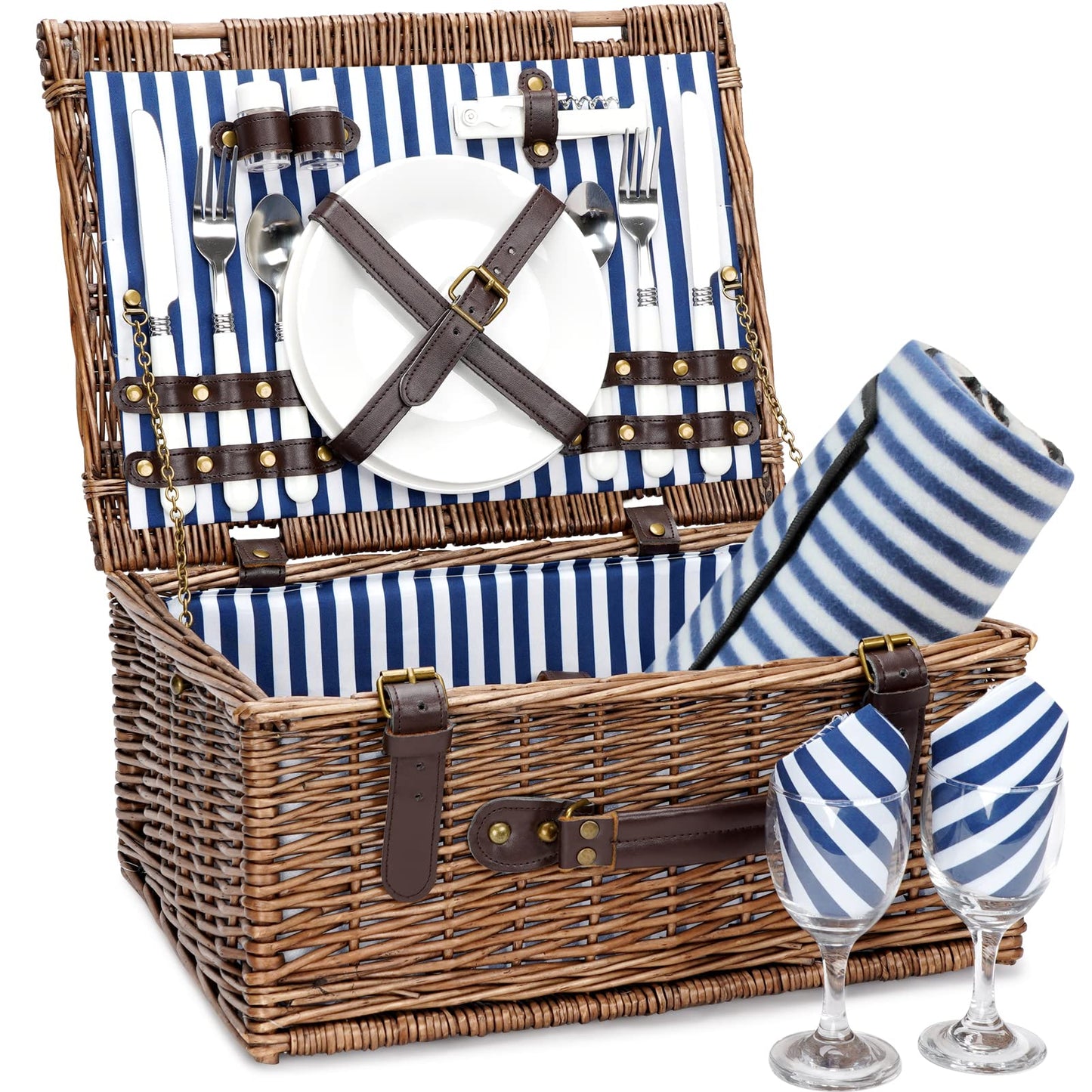 Wicker Picnic Basket for 2 with Waterproof Picnic Blanket, Picnic Set for 2 with Sand-Proof Beach Mat,Willow Hamper Service Set for Camping and Outdoor Party
