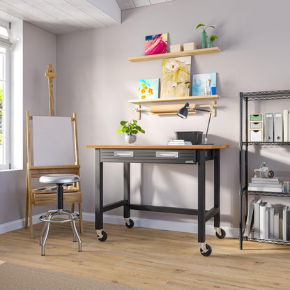 Seville Classics UltraGraphite Wood Top Workbench on Wheels with Sliding Organizer Drawer Table, 48", Graphite