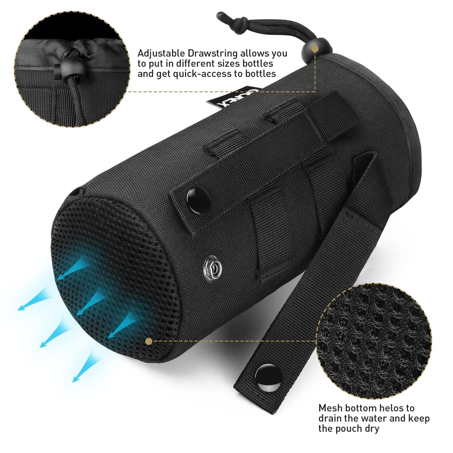 Gonex Tactical Military MOLLE Water Bottle Pouch, Drawstring Open Top & Mesh Bottom Travel Water Bottle Bag Tactical Hydration Carrier Black