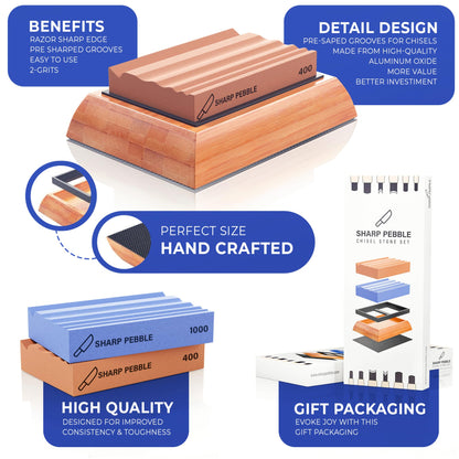 Sharp Pebble Sharpening Stones for Wood Carving Tools-Two Whetstones Grit 400 & 1000 Gouge Sharpener- Waterstone Sharpening System for Wood Carving Knives & Chisels with Non-Slip Bamboo Base