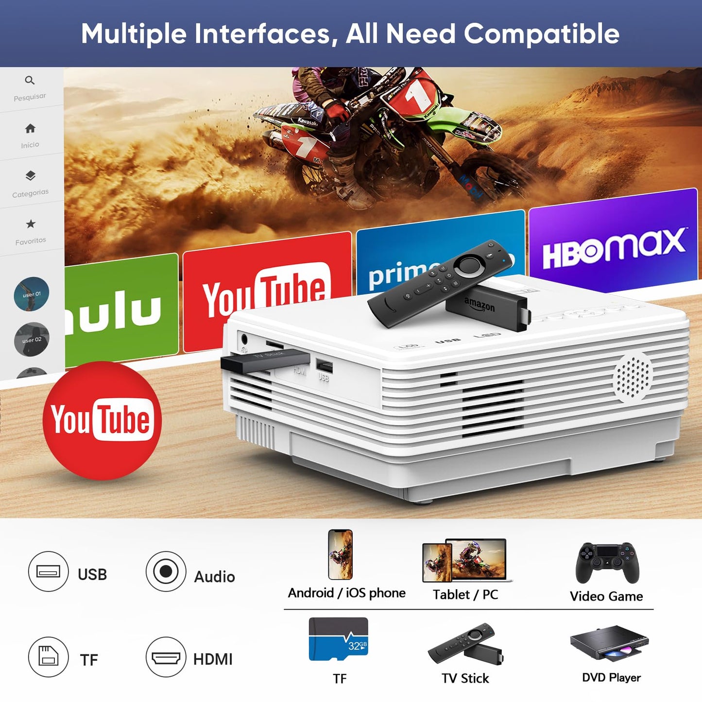 Projector with WiFi and Bluetooth, Upgrade Outdoor Projector, Mini Movie Projector Supports 1080P Synchronize Smartphone Screen by WiFi/USB Cable for Home Entertainment (WiFi)