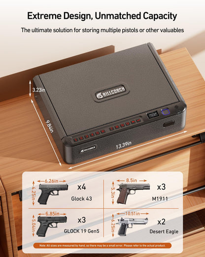 BILLCONCH Smart Gun Safe with Security Cable - Biometric Pistol Safe for Handgun 4 Ways Quick Access with Fingerprint/Keypad/Key/APP Lock, for Nightstand Bedside Home Car with LCD and Voice Guide