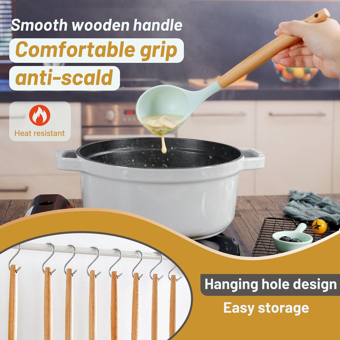 QMVESS Silicone Kitchen Utensils Set, 35 Pcs Non-Stick Cooking Utensils Set, Sturdy Insulation Wooden Handle Kitchen Accessories for Cooking with Spatula Set and Spoons Set Gadgets (Light Green)