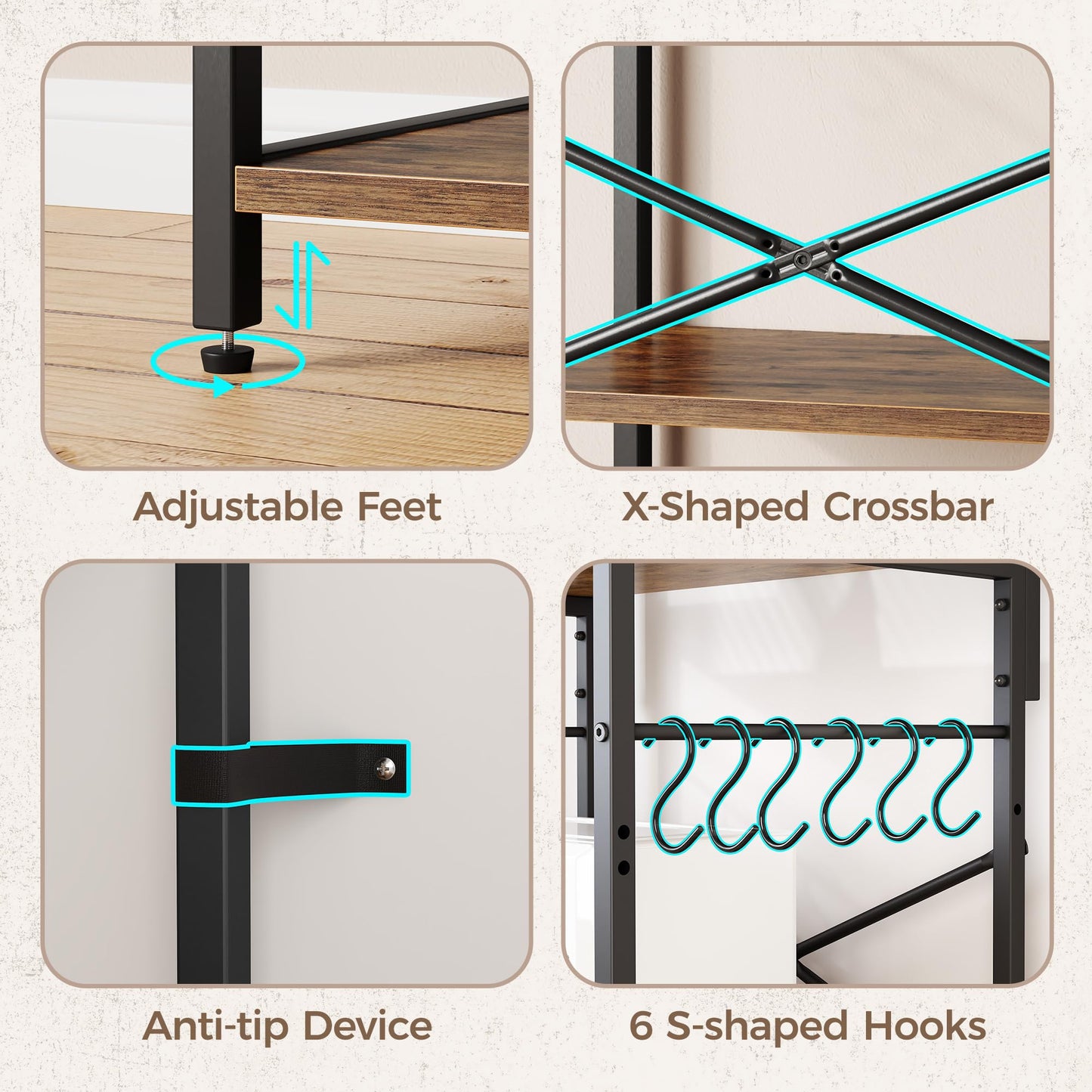 SUPERJARE Kitchen Bakers Rack with Power Outlet, Coffee Bar Table 4 Tiers, Kitchen Microwave Stand with 6 S-shaped Hooks, Storage Shelf Rack for Spices, Pots and Pans - Rustic Brown