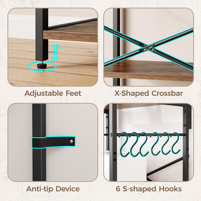 SUPERJARE Kitchen Bakers Rack with Power Outlet, Coffee Bar Table 4 Tiers, Kitchen Microwave Stand with 6 S-shaped Hooks, Storage Shelf Rack for Spices, Pots and Pans - Rustic Brown