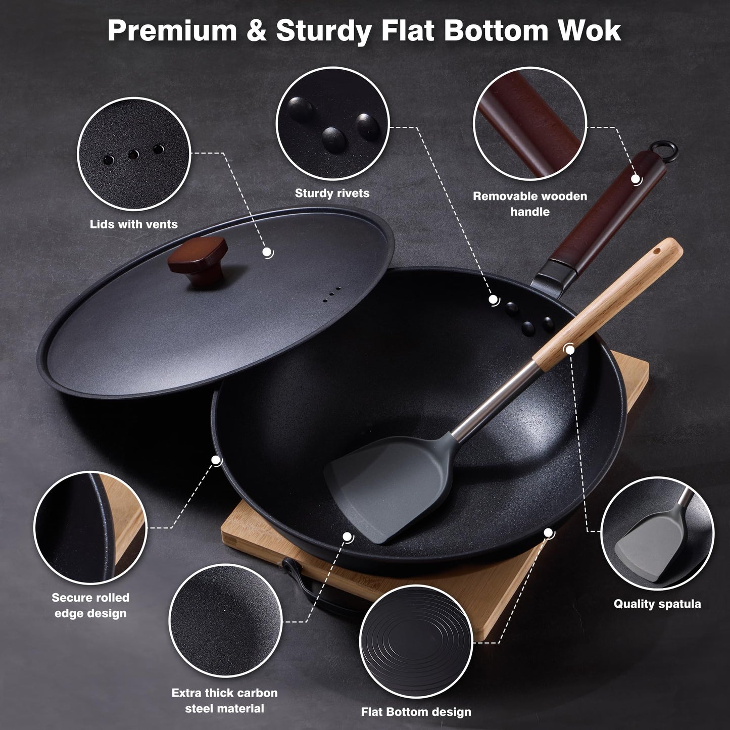 Teewe Carbon Steel Wok -13 Inch Woks & Stir-fry Pans Nonstick, Wok Pan with Lid Spatula and Dish Brush: Pre-Seasoned Flat Bottom Chinese Woks for Induction, Electric, Gas, All Stoves