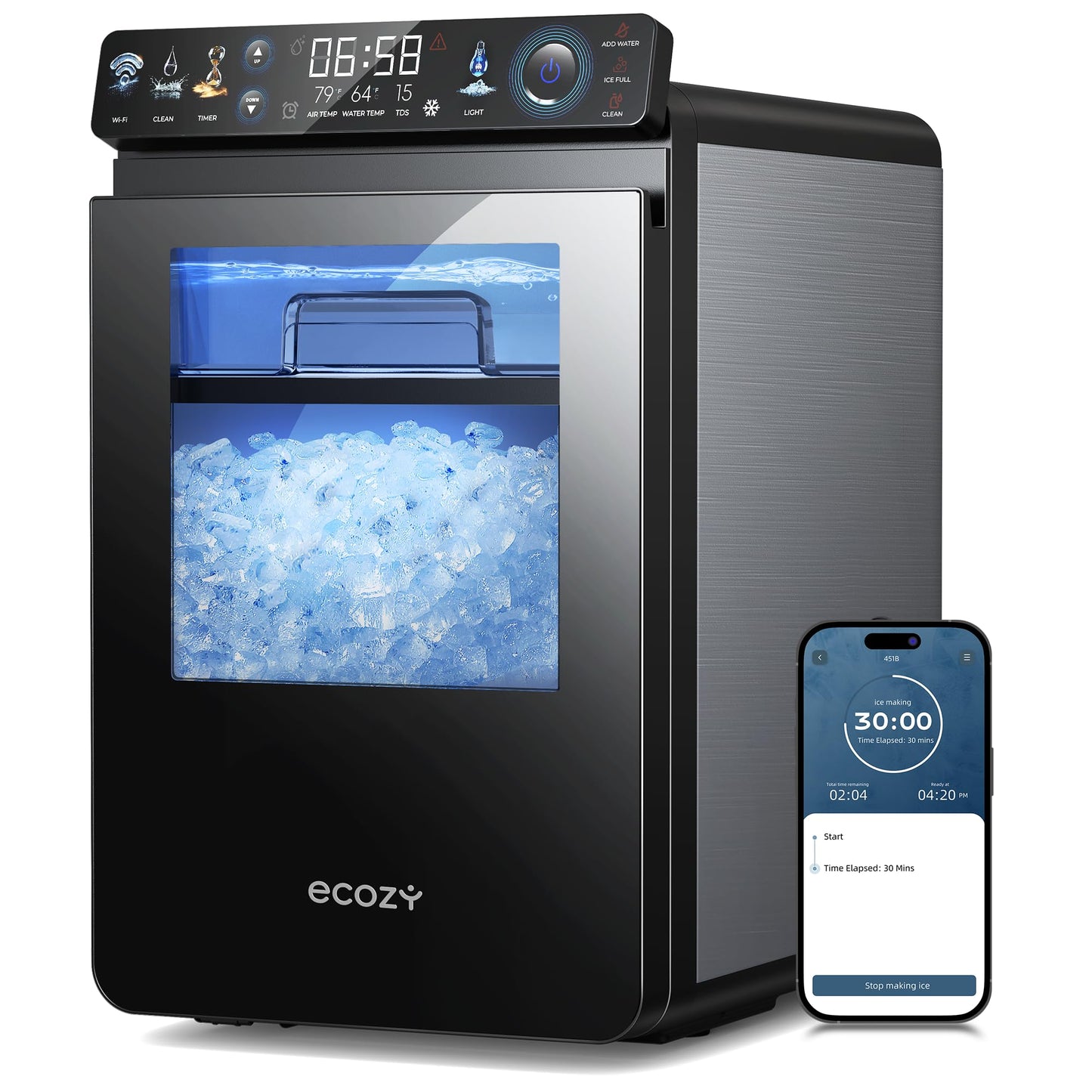ecozy Nugget Ice Maker Countertop, Smart Pebble Ice Machine with APP Control, 44 lbs Per Day Soft Pellet Chewable Ice with Self-Cleaning, Stainless Steel