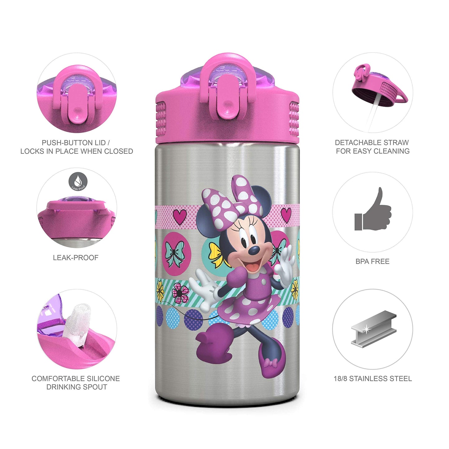 Zak Designs Disney Minnie’s Happy Helpers - Stainless Steel Water Bottle with One Hand Operation Action Lid and Built-in Carrying Loop, Kids Water Bottle with Straw Spout (15.5 oz, 18/8, BPA Free)