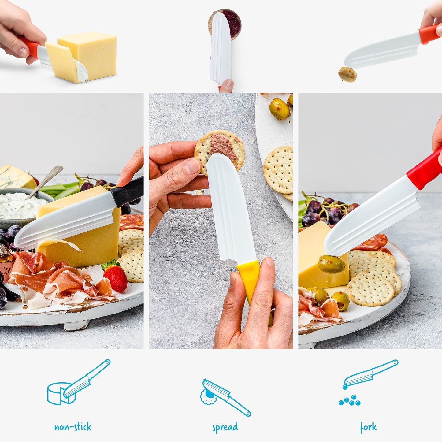 Dreamfarm Knibble Lite 3-In-1 Non-Stick Cheese Knife for Charcuterie, Slicing, Spreading, with Built-In Fork to Serve & Share Foods - 9" Red