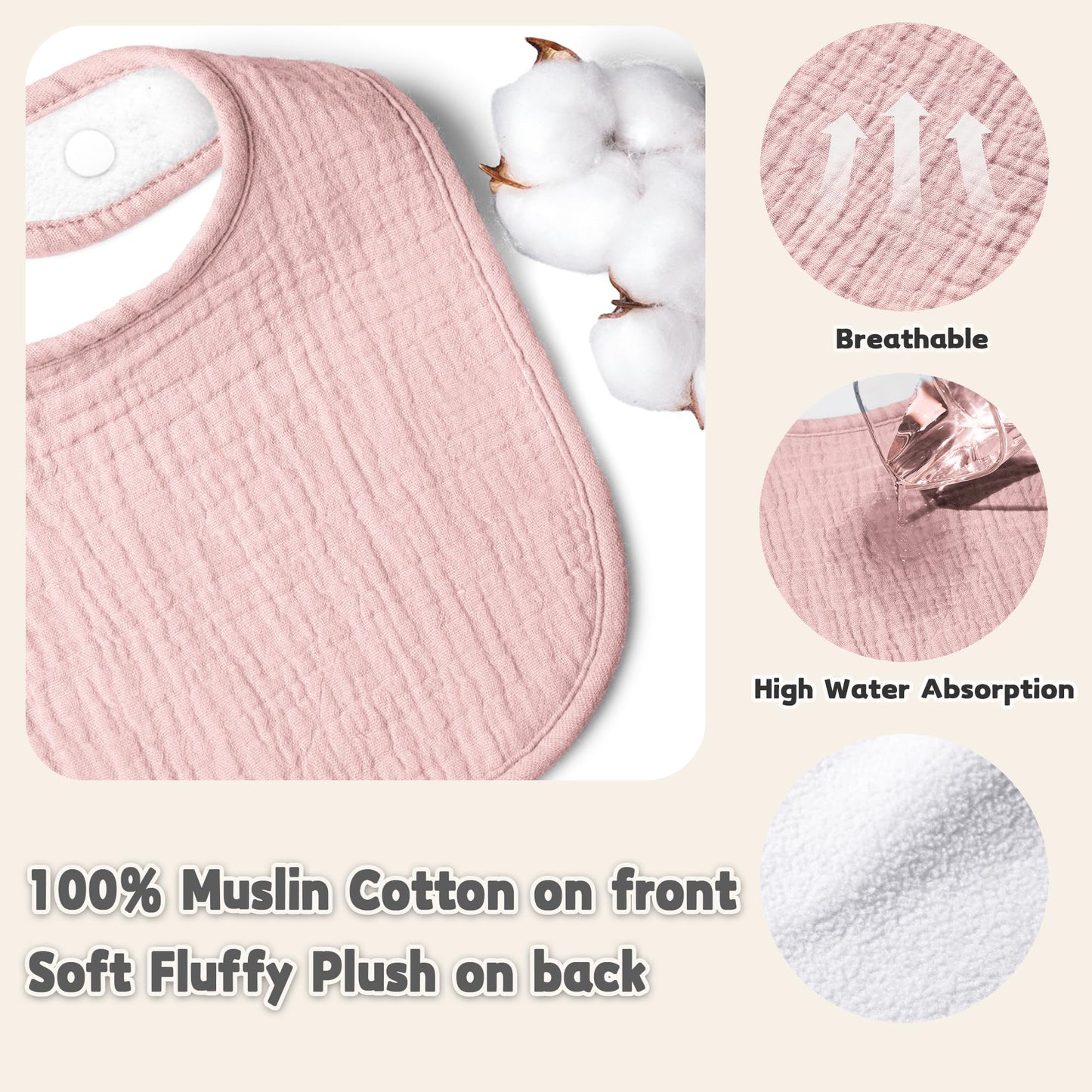 Susurration Muslin Baby Drool Bibs 10Pack Soft Square Adjustable Bandana Bibs for Unisex Baby Girls & Boys (Pink)