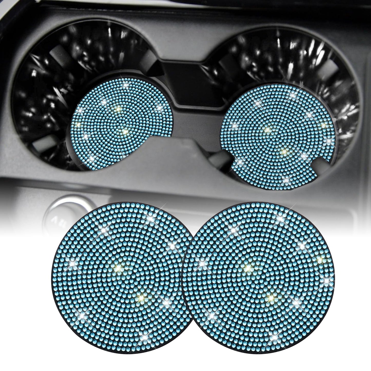 SINGARO Bling Cup Holder Coasters for Car, 2PCS Universal Non-Slip Cup Holder, Embedded Decorative Coasters, Shiny Crystal Car Interior Accessories Gifts for Women (Sky Blue)
