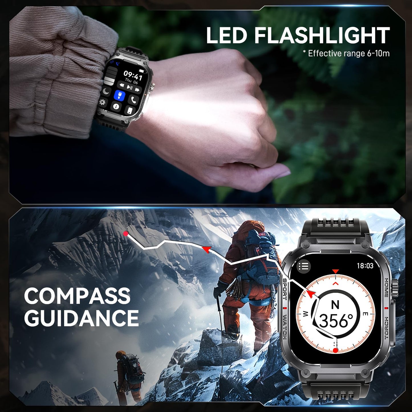Bassizo Military Smart Watch for Men 3ATM Waterproof with Call/LED Flashlight 2.02" HD Big Screen Rugged Tactical Smartwatch with Compass Fitness Tracker with HR/SPO2/Sleep Monitor for iPhone Android