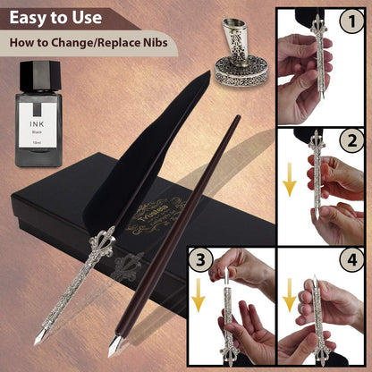 Trustela Calligraphy Set for Beginners, Wooden Dip Pen, Feather Quill, 19 Nibs, Ink Set, Gift Box