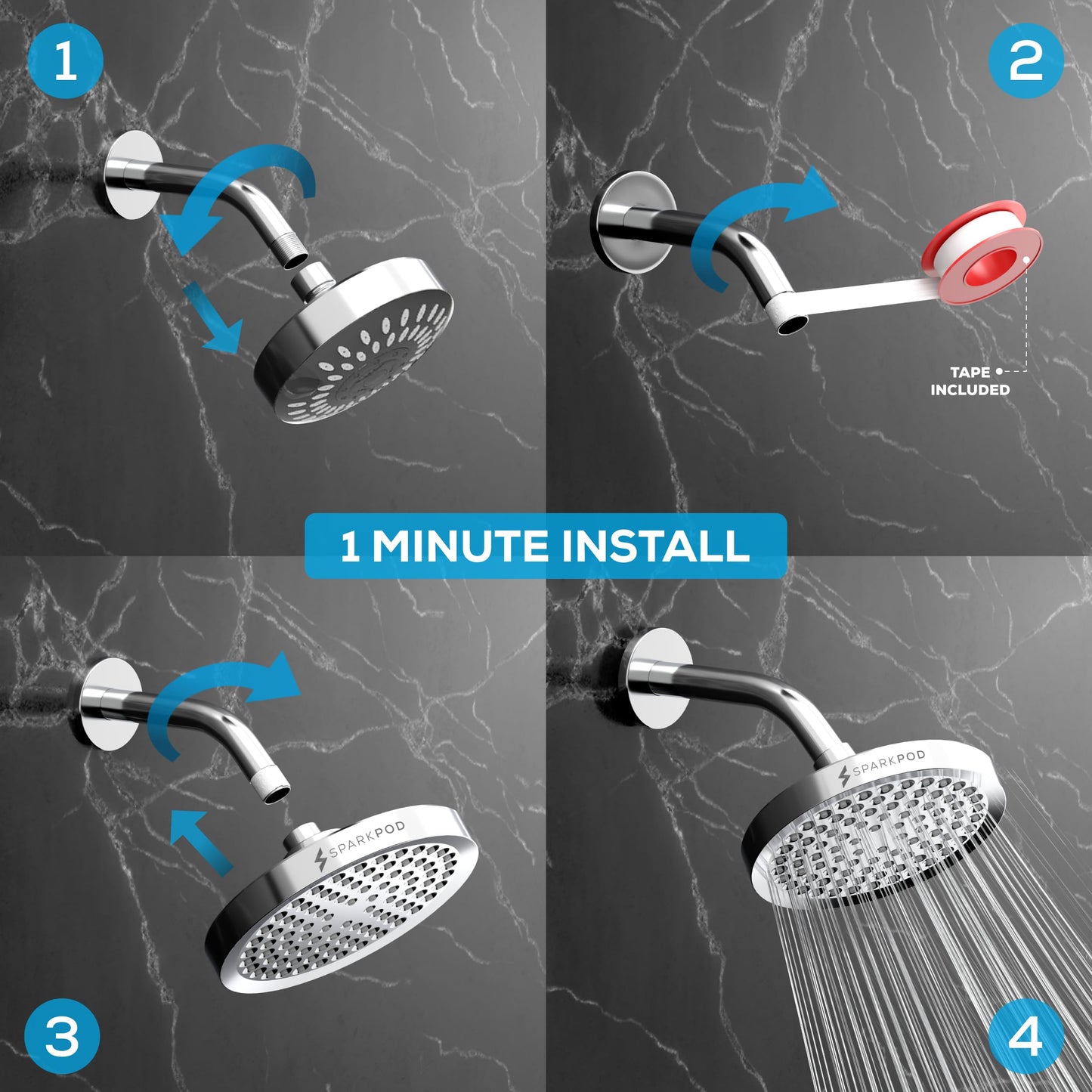SparkPod Shower Head - High Pressure Rain - Premium Quality Luxury Design - 1-Min Install - Easy Clean Adjustable Replacement for Your Bathroom Shower Heads (Luxury Polished Chrome, 6 Inch Round)