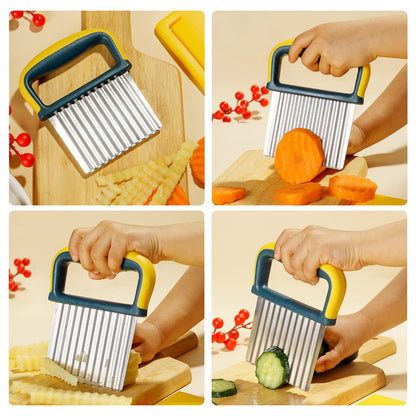 Crinkle Cutter Knife, Potatoes Crinkle Fry Cut and Vegetable Cutter for Veggies, Stainless Steel Carrot Slicer（Yellow）