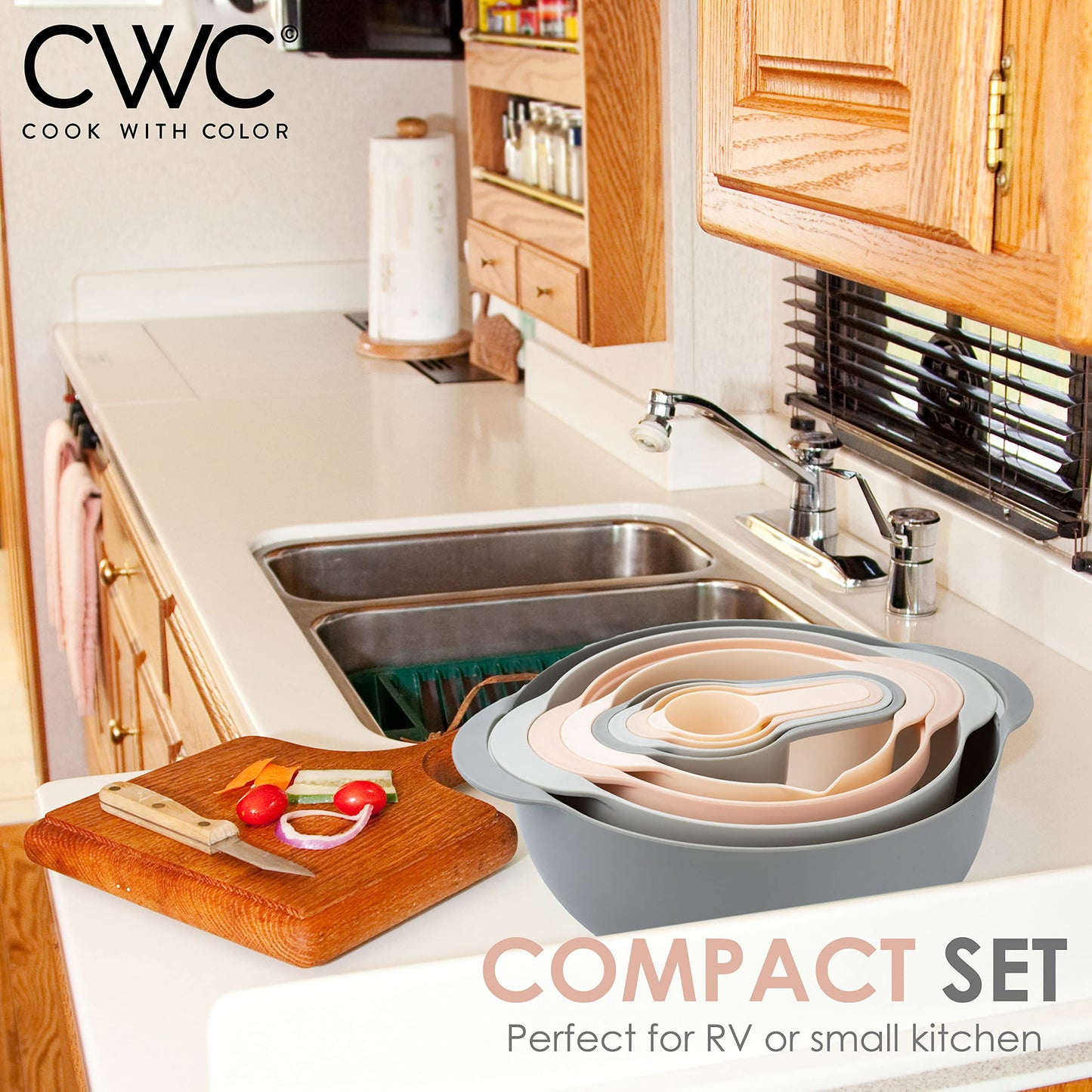 COOK WITH COLOR Nesting Bowls with Measuring Cups Colander and Sifter Set - Includes Mixing Bowls, Colander, Sifter and Measuring Cups, Pink, 8 Pc Bowl