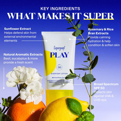Supergoop! PLAY Everyday Lotion SPF 50 - Broad Spectrum Body & Face Sunscreen for Sensitive Skin - Great for Active Days - Fast Absorbing, Water & Sweat Resistant - 2.4 fl oz
