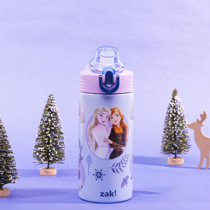Zak Designs Disney Frozen Sage Kids Water Bottle For School or Travel, 14oz Stainless Steel Water Bottle With Straw, Handle, and Leak-Proof, Pop-Up Spout Cover (Anna & Elsa)