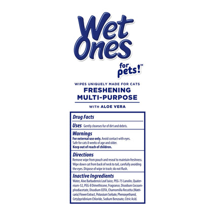 Wet Ones for Pets Freshening Multipurpose Wipes for Cats with Aloe Vera, Fresh Scent - Easy to Use Cat Cleaning Wipes for Pet Grooming in Canister, 50 Count