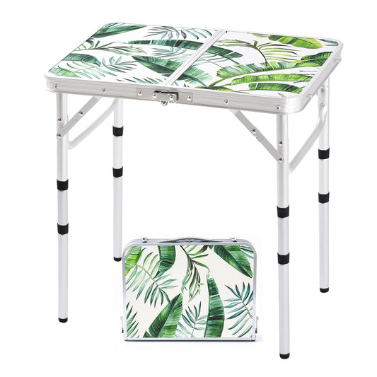 Folding Camping Table 2ft Portable Pinic Table Adjustable Height Small Card Table Aluminum Foldable Lightweight with Carry Handle for Outdoor Indoor Hiking Camp BBQ Beach (Monstera Palm Leaves)
