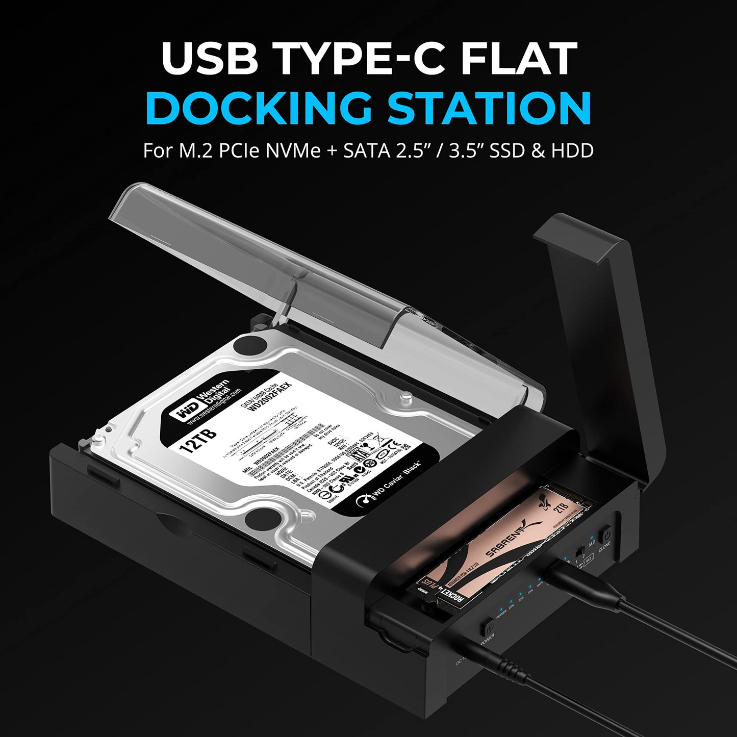SABRENT USB-C Lay Flat Docking Station – NVMe M.2 + SATA 2.5”/3.5” SSD/HDD Enclosure, 10Gbps, Tool-Free, Offline Clone Function, USB 3.2 Type-C, for Windows, Mac, Linux (DS-UFNC)
