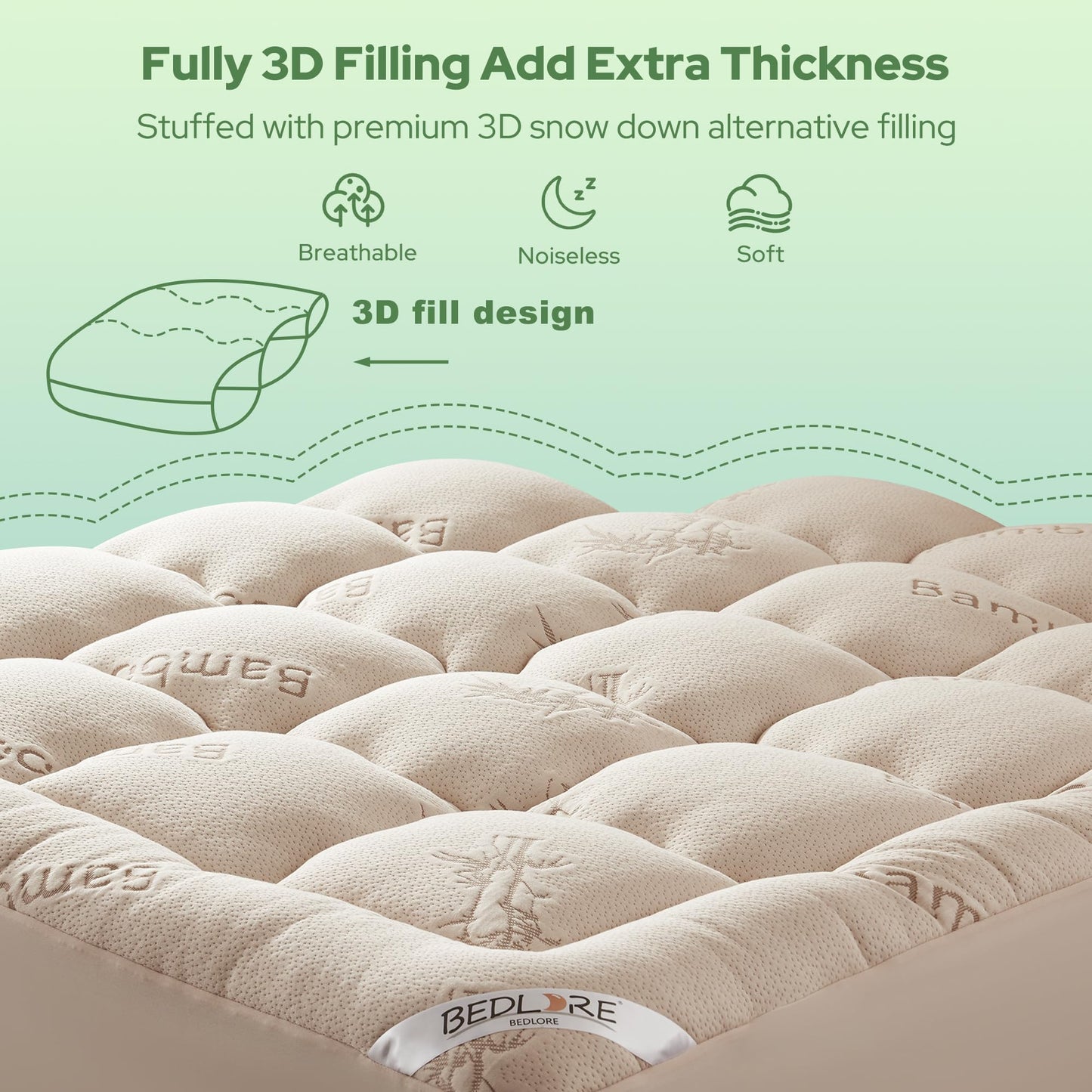 BEDLORE Twin Mattress Topper Viscose Derived from Bamboo, Thick Pillow Top Mattress Pad with Stretchable Pockets for 6"-15" Mattress, Soft Breathable Mattress Topper for Back Pain Relief(Beige)