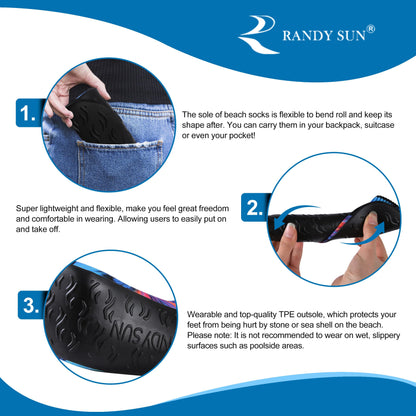 RANDY SUN Outdoor Water Sport Sand Playing Socks, Unisex Summer Not Waterproof Shoes for Beach Pool Swim Surf Yoga Exercise With TPE Sole Protect Against Hot Sand(2 Pairs Black&Yellow Printed Ankle M