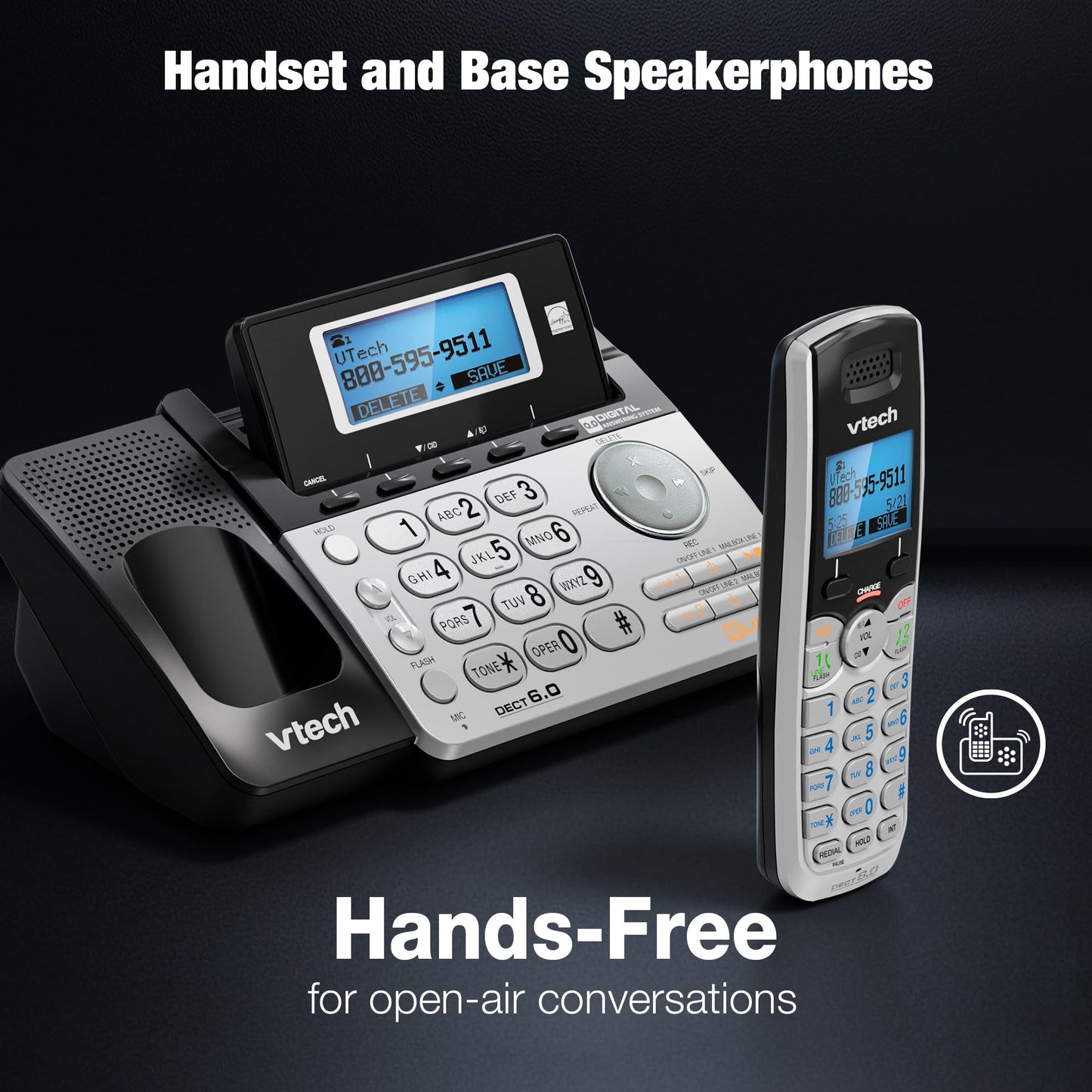 VTech DS6151-2 2 Handset 2-Line Cordless Phone System for Home or Small Business with Digital Answering System & Mailbox on Each line, Silver