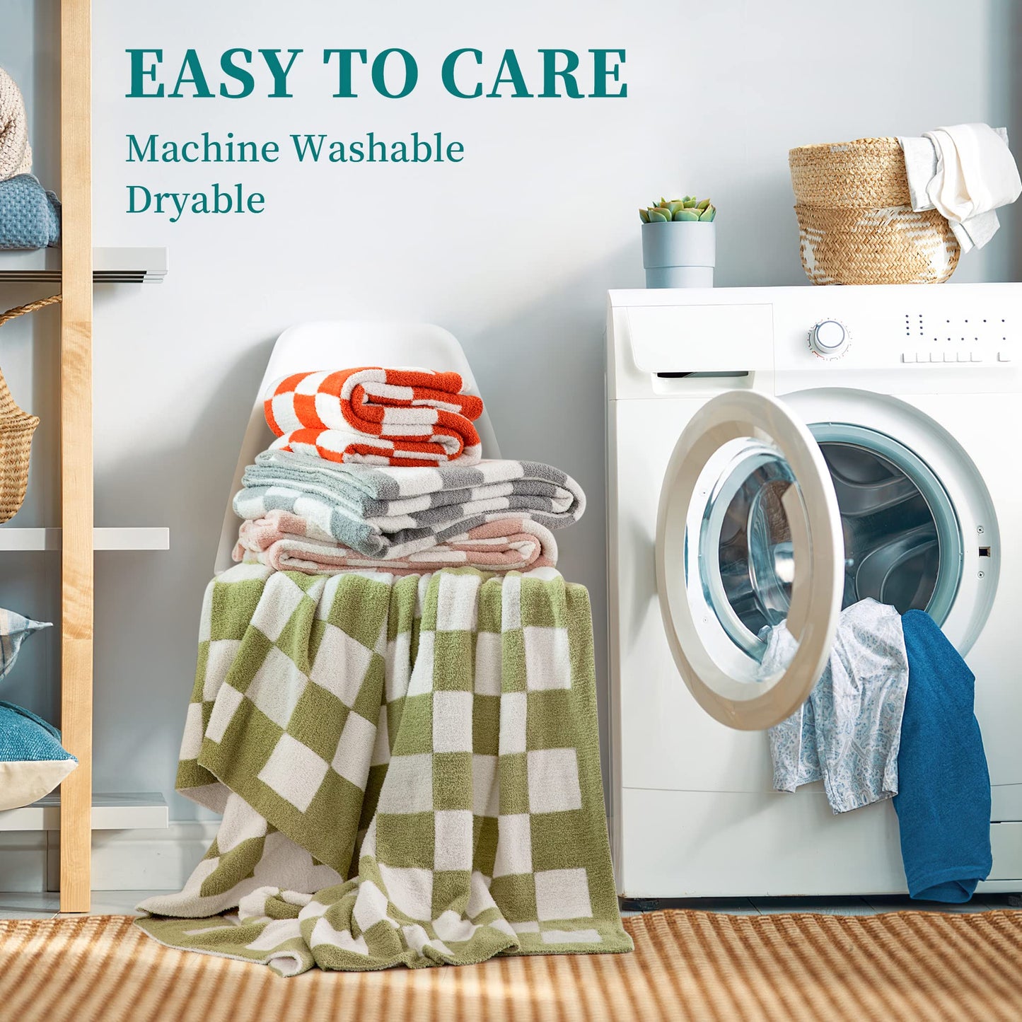 SeaRoomy Checkered Throw Blanket, Ultra Soft Microfiber Knit Throw Blanket, Cozy Fluffy Fuzzy Reversible Checkerboard Pink Blanket for Couch Sofa Bed Decor(Light Pink, 51"63")